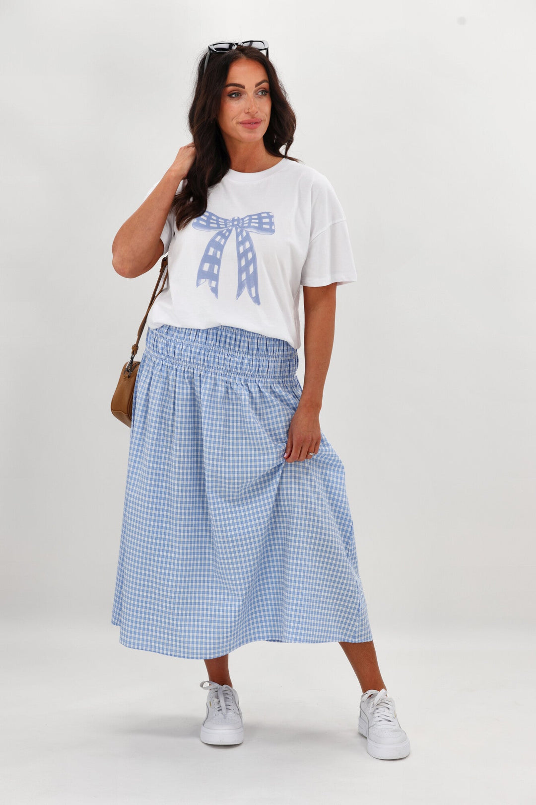 Label Haylene Shirred Waist Skirt Blue Gingham