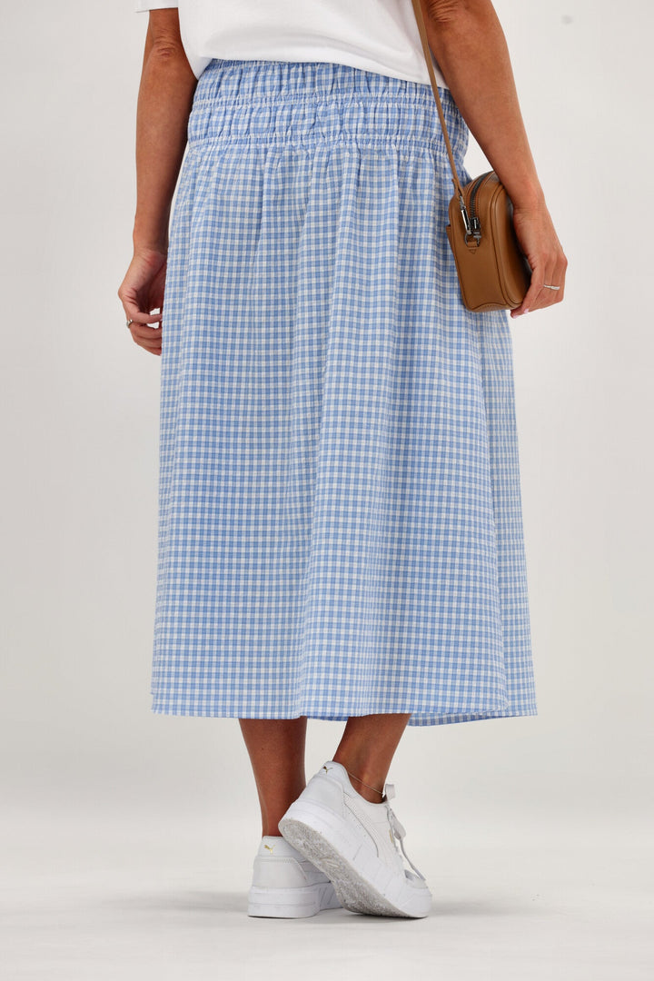 Label Haylene Shirred Waist Skirt Blue Gingham