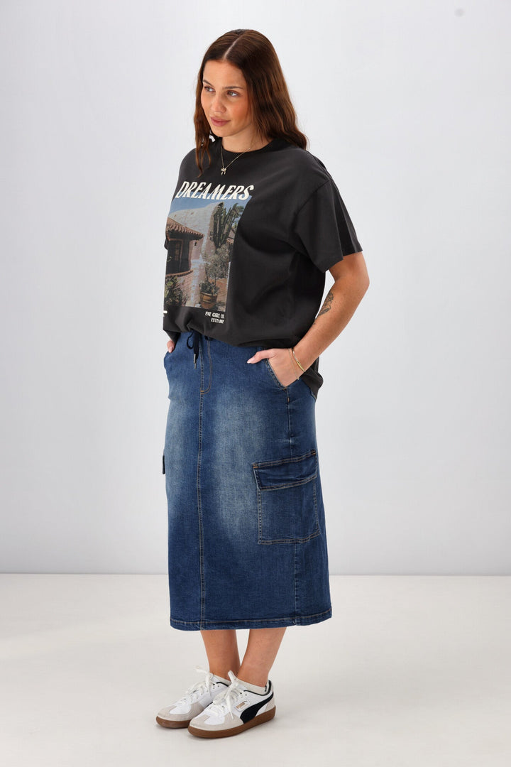 Label Horizon Denim Cargo Skirt Indigo