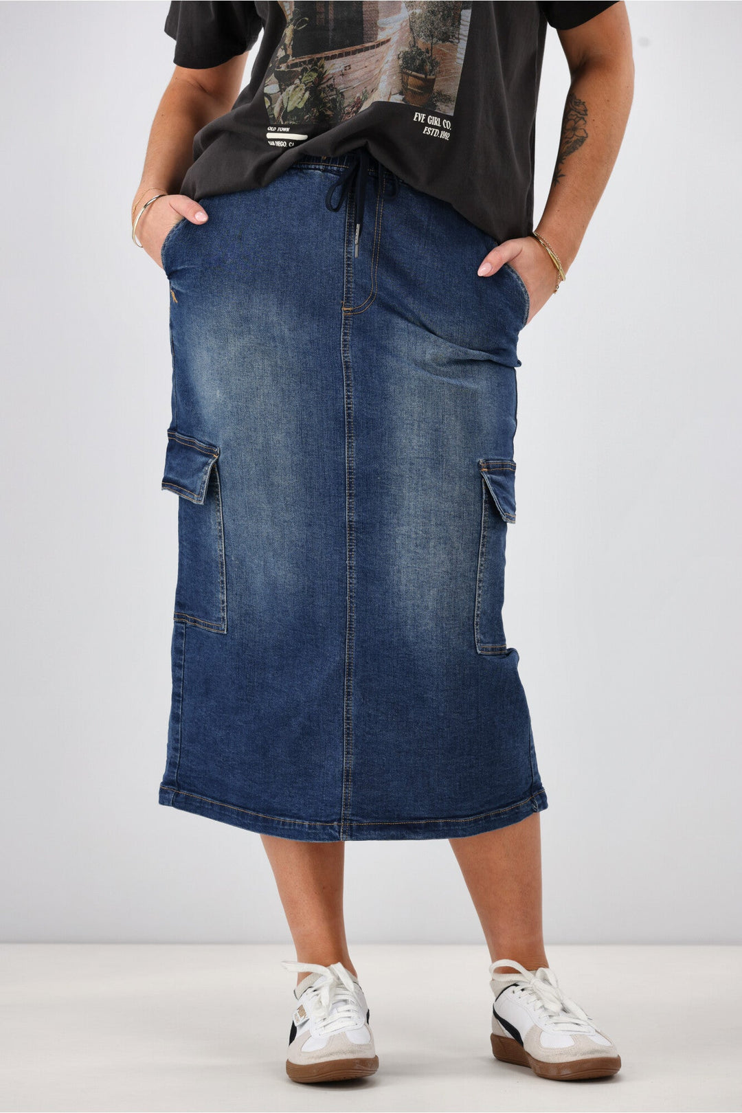 Label Horizon Denim Cargo Skirt Indigo