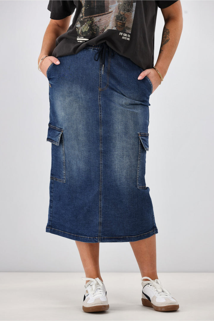 Label Horizon Denim Cargo Skirt Indigo