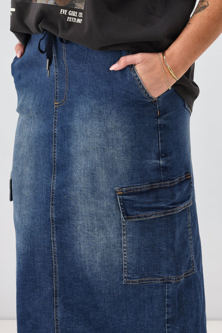 Label Horizon Denim Cargo Skirt Indigo