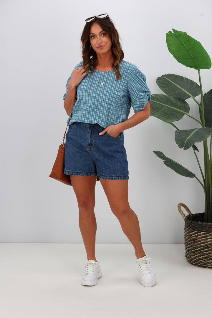 Label Johanna Twist Sleeve Checked Top Blue