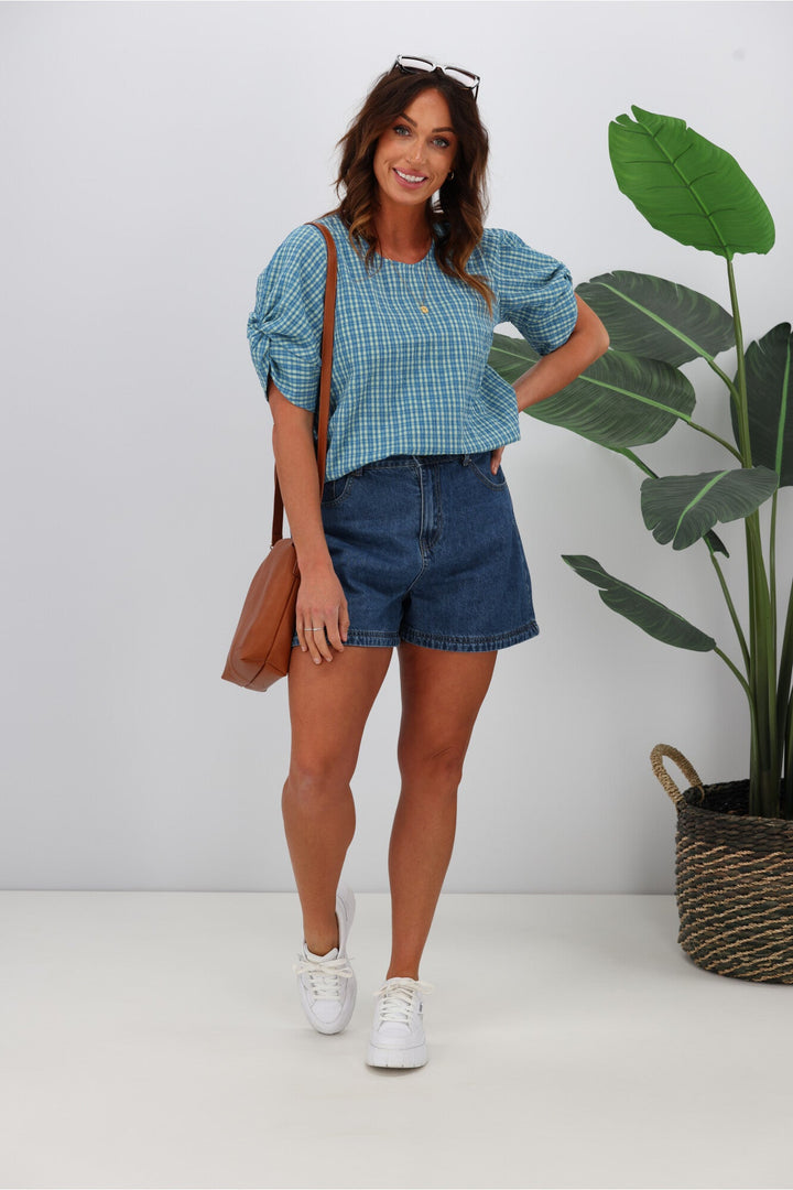 Label Johanna Twist Sleeve Checked Top Blue