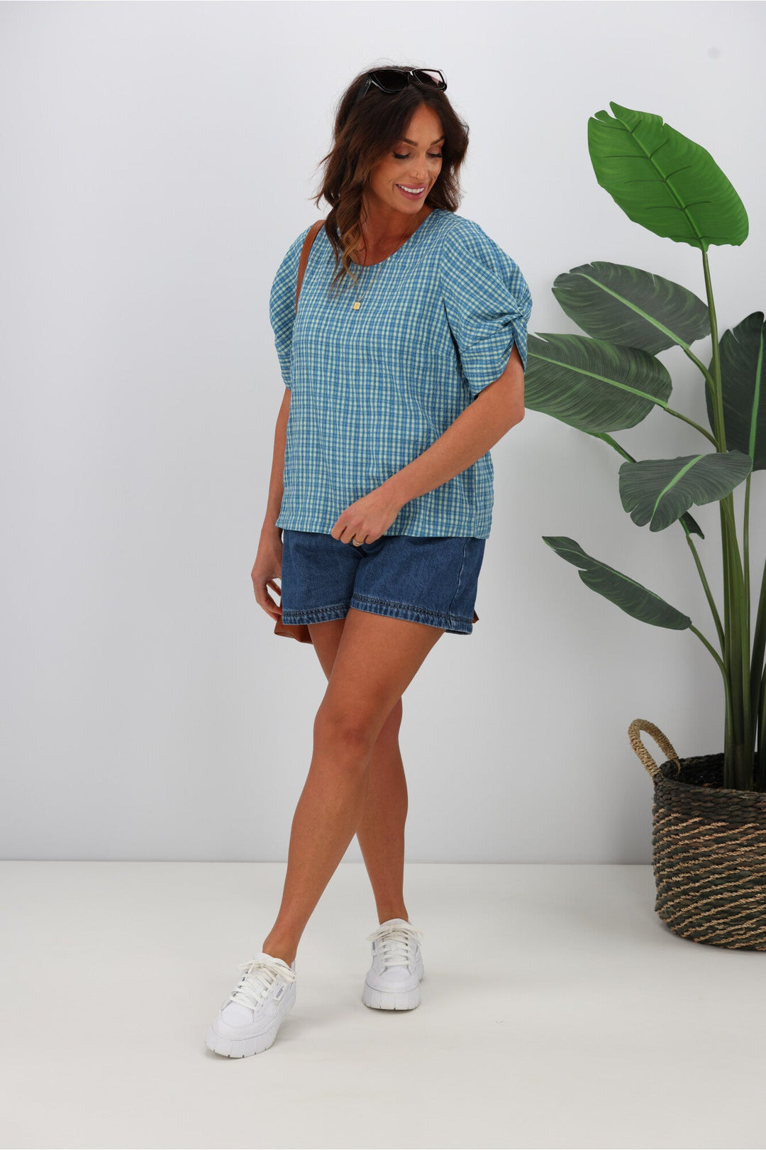 Label Johanna Twist Sleeve Checked Top Blue
