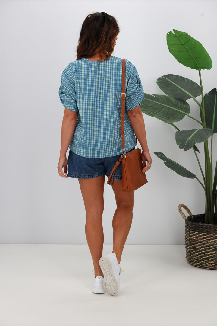 Label Johanna Twist Sleeve Checked Top Blue