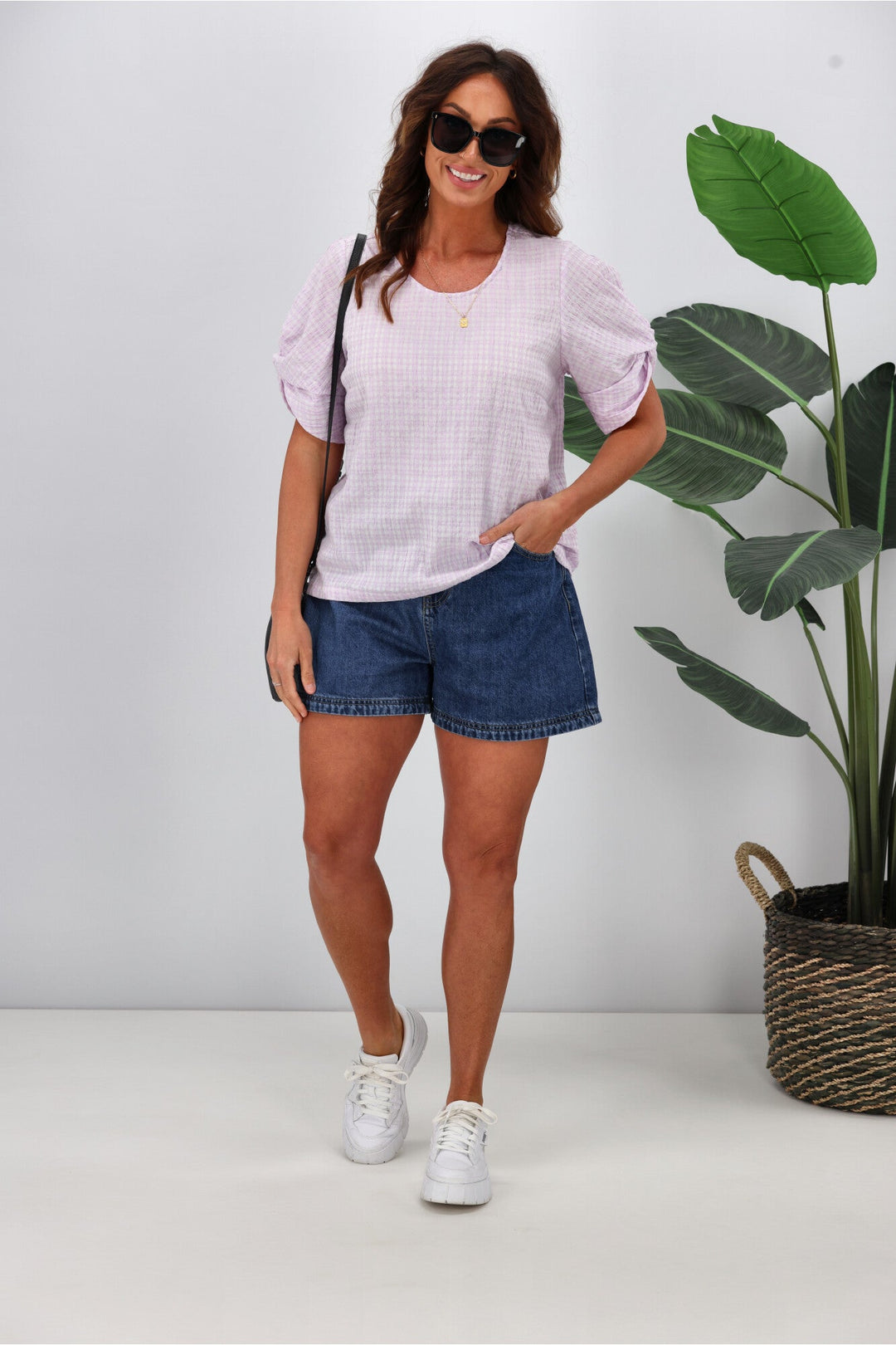 Label Johanna Twist Sleeve Checked Top Lilac