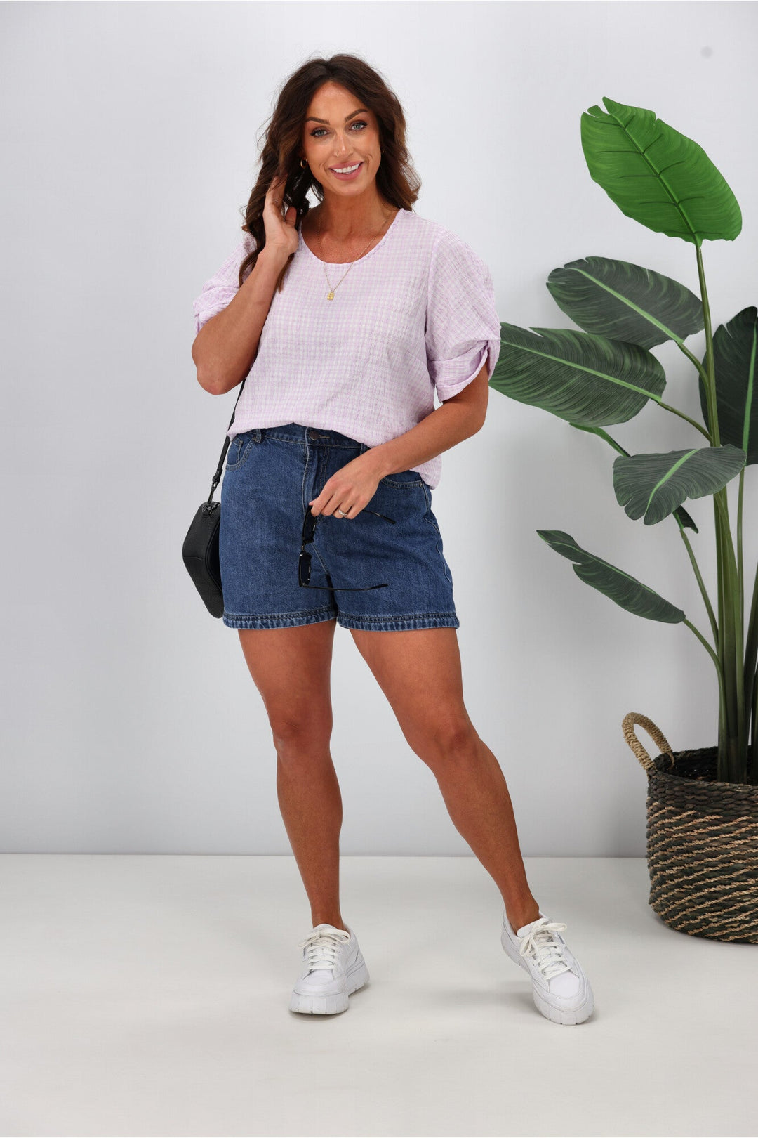 Label Johanna Twist Sleeve Checked Top Lilac