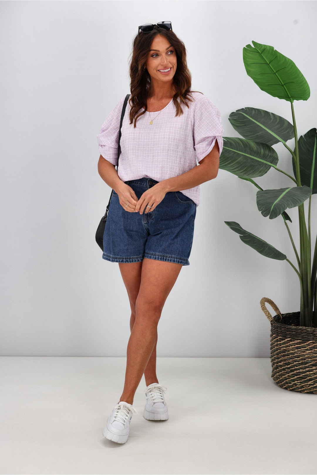 Label Johanna Twist Sleeve Checked Top Lilac