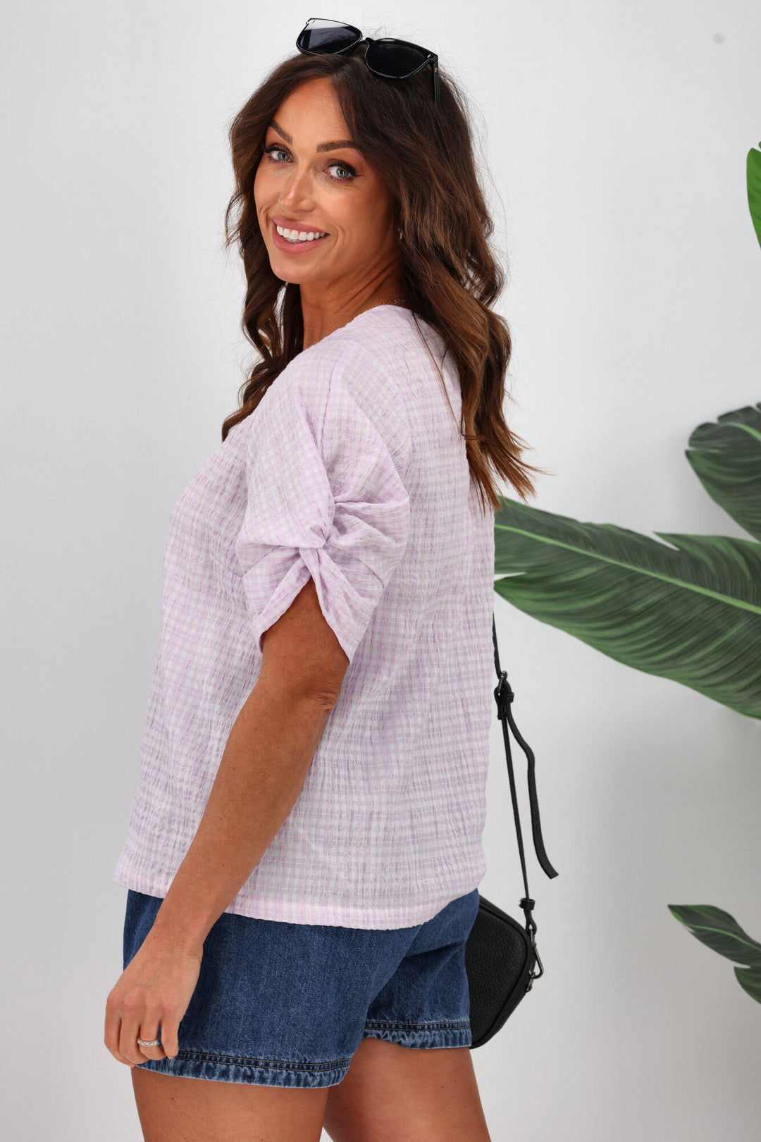 Label Johanna Twist Sleeve Checked Top Lilac