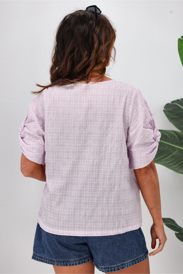 Label Johanna Twist Sleeve Checked Top Lilac
