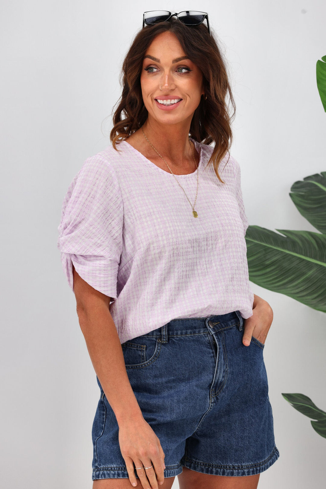 Label Johanna Twist Sleeve Checked Top Lilac