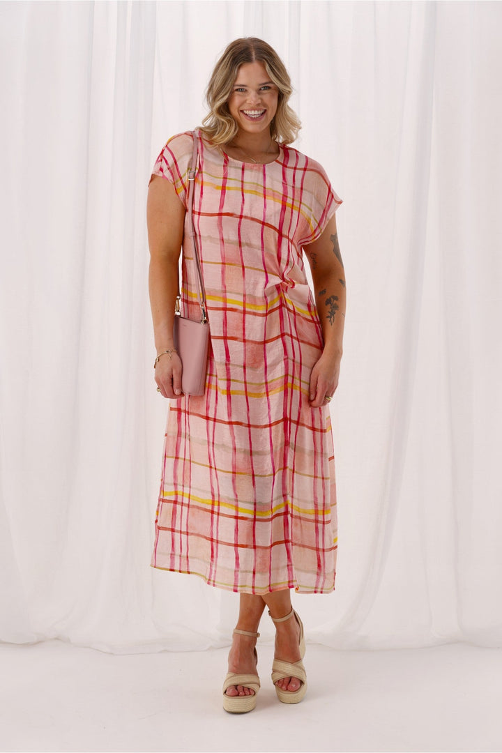 Label Jordana Side Knot Dress Coral Check