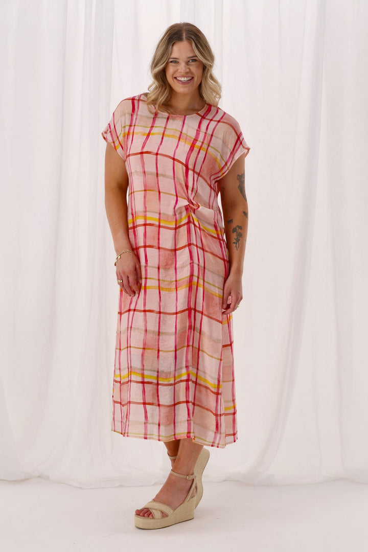 Label Jordana Side Knot Dress Coral Check