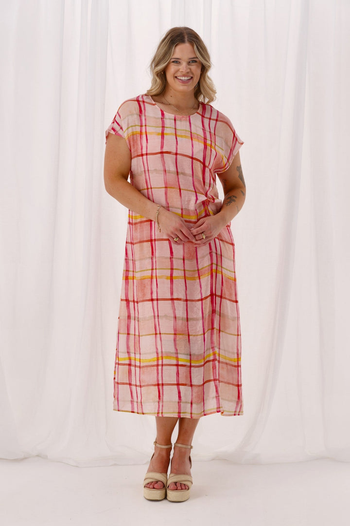 Label Jordana Side Knot Dress Coral Check