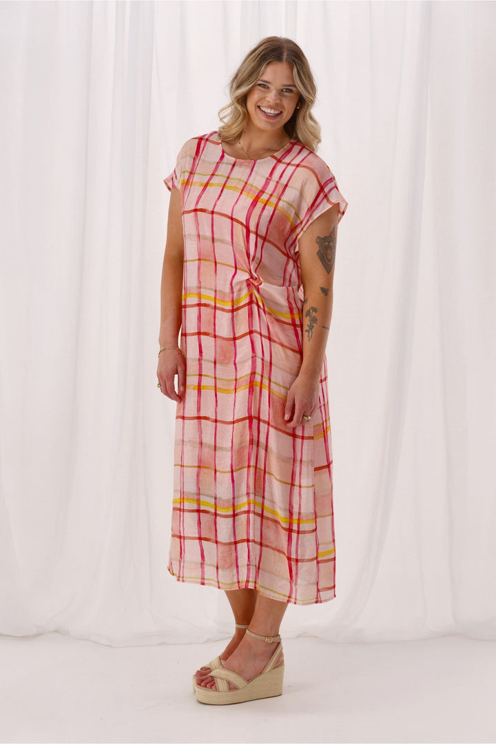 Label Jordana Side Knot Dress Coral Check