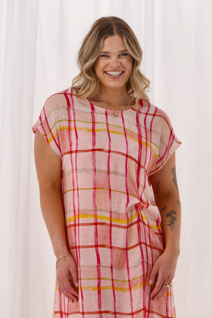 Label Jordana Side Knot Dress Coral Check