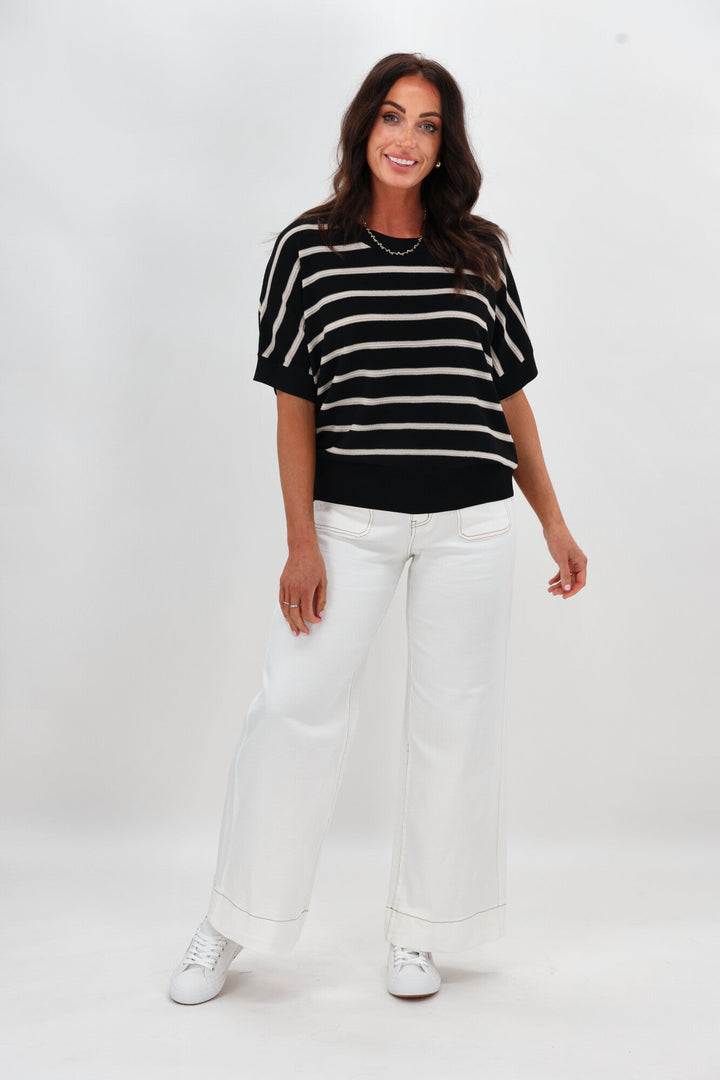 Label Julie Batwing Top Black Natural Stripe