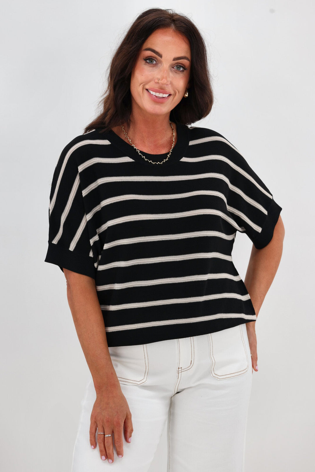 Label Julie Batwing Top Black Natural Stripe