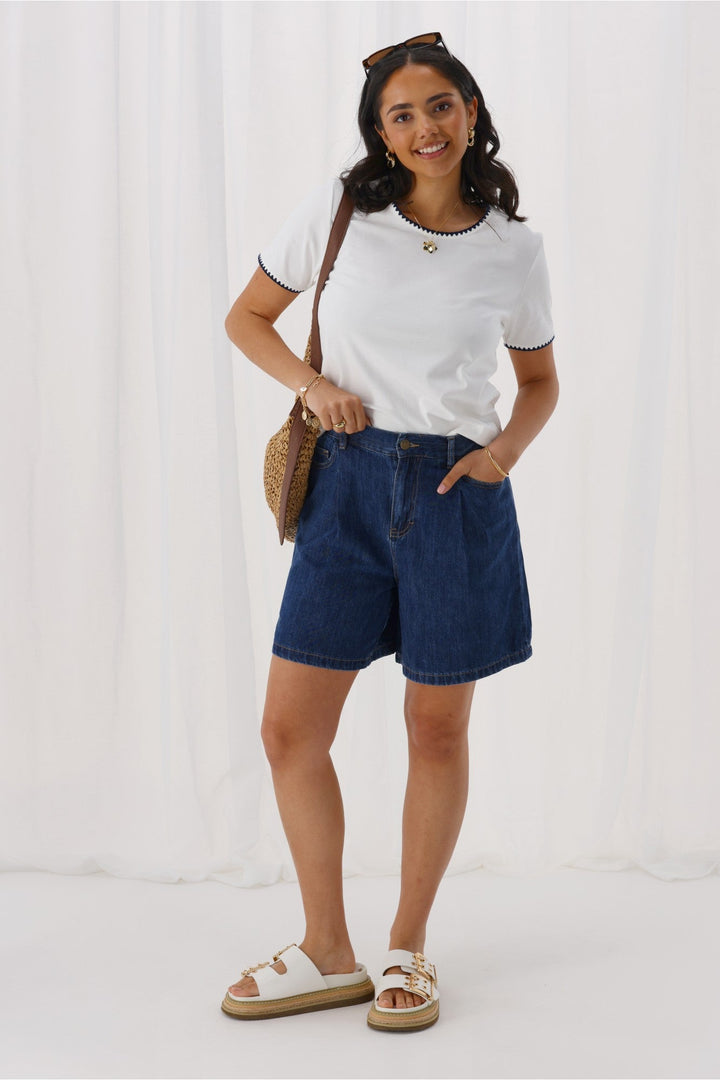 Label Julieanne Pleat Front Lyocell Long Denim Short Indigo