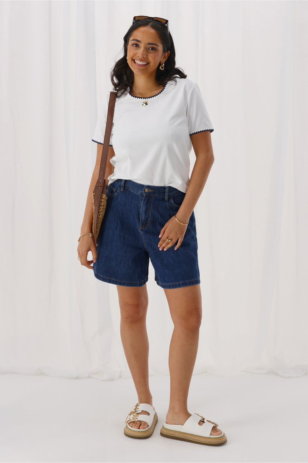 Label Julieanne Pleat Front Lyocell Long Denim Short Indigo