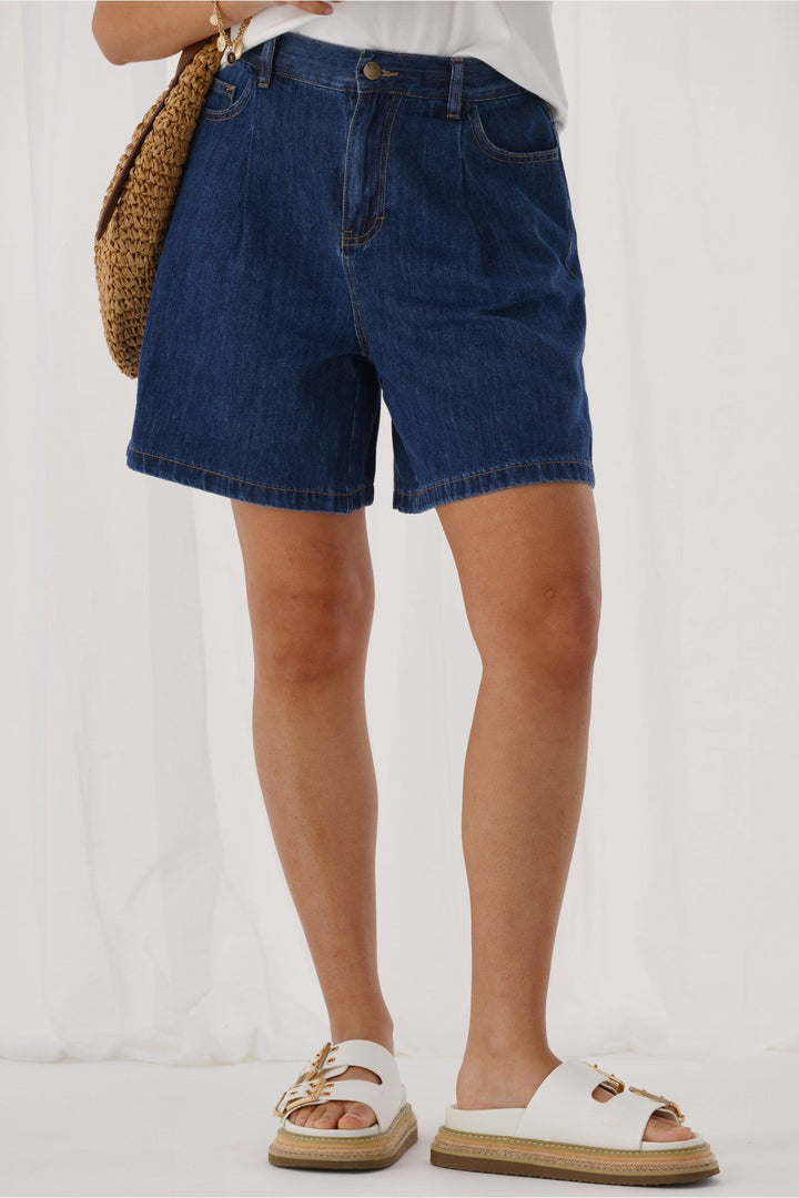Label Julieanne Pleat Front Lyocell Long Denim Short Indigo