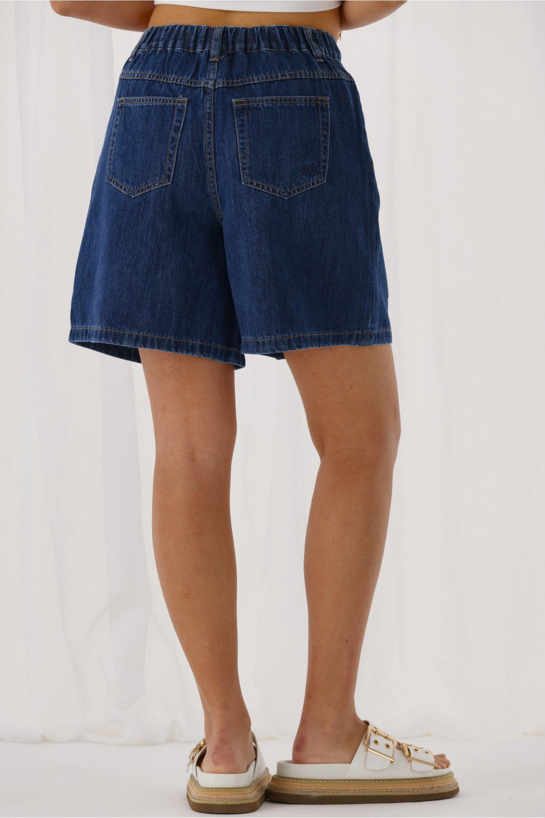 Label Julieanne Pleat Front Lyocell Long Denim Short Indigo
