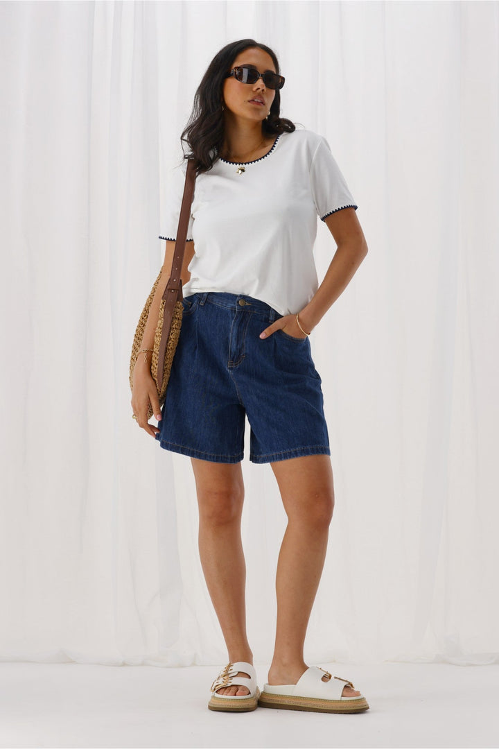 Label Julieanne Pleat Front Lyocell Long Denim Short Indigo