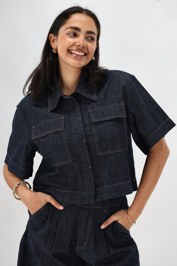 Label Kayce Rinse Wash Resort Boxy Shacket Dark Indigo