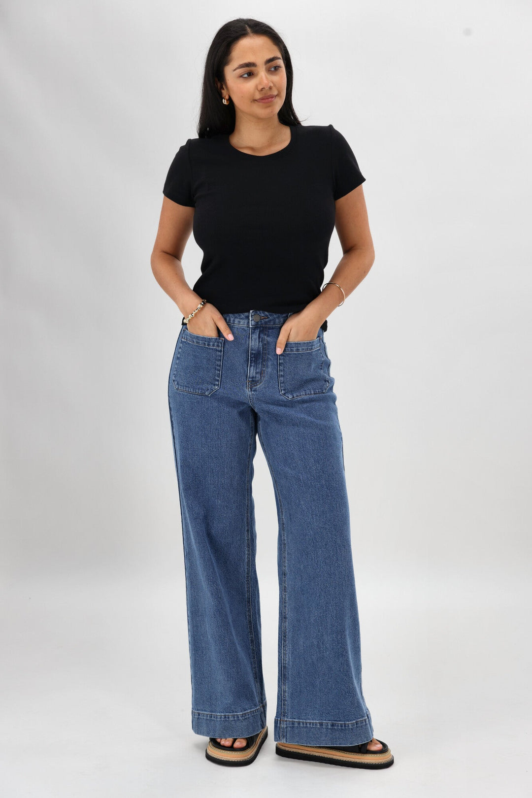 Label Kazniah Patch Pocket Wide Leg Jean Washed Blue