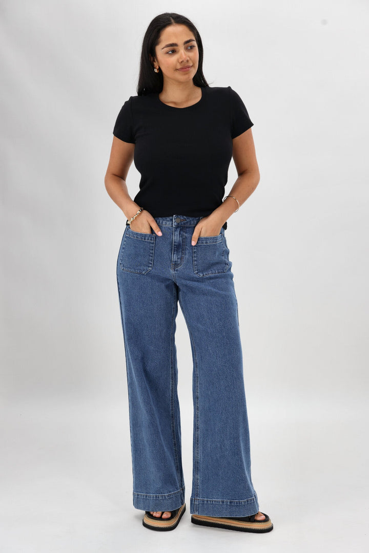 Label Kazniah Patch Pocket Wide Leg Jean Washed Blue