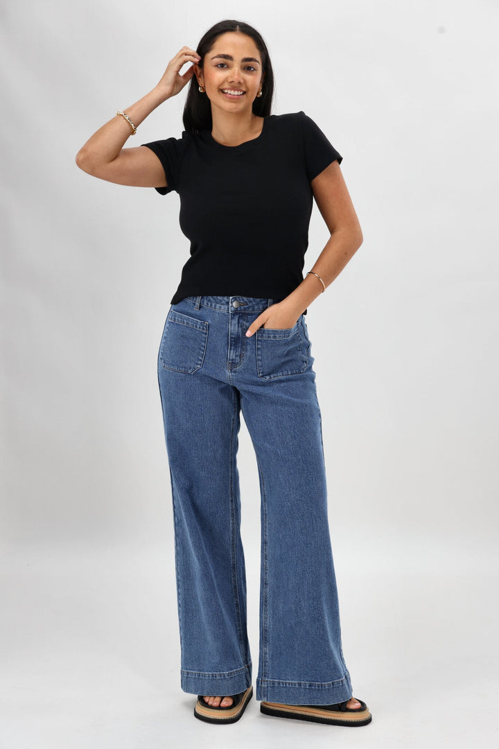 Label Kazniah Patch Pocket Wide Leg Jean Washed Blue