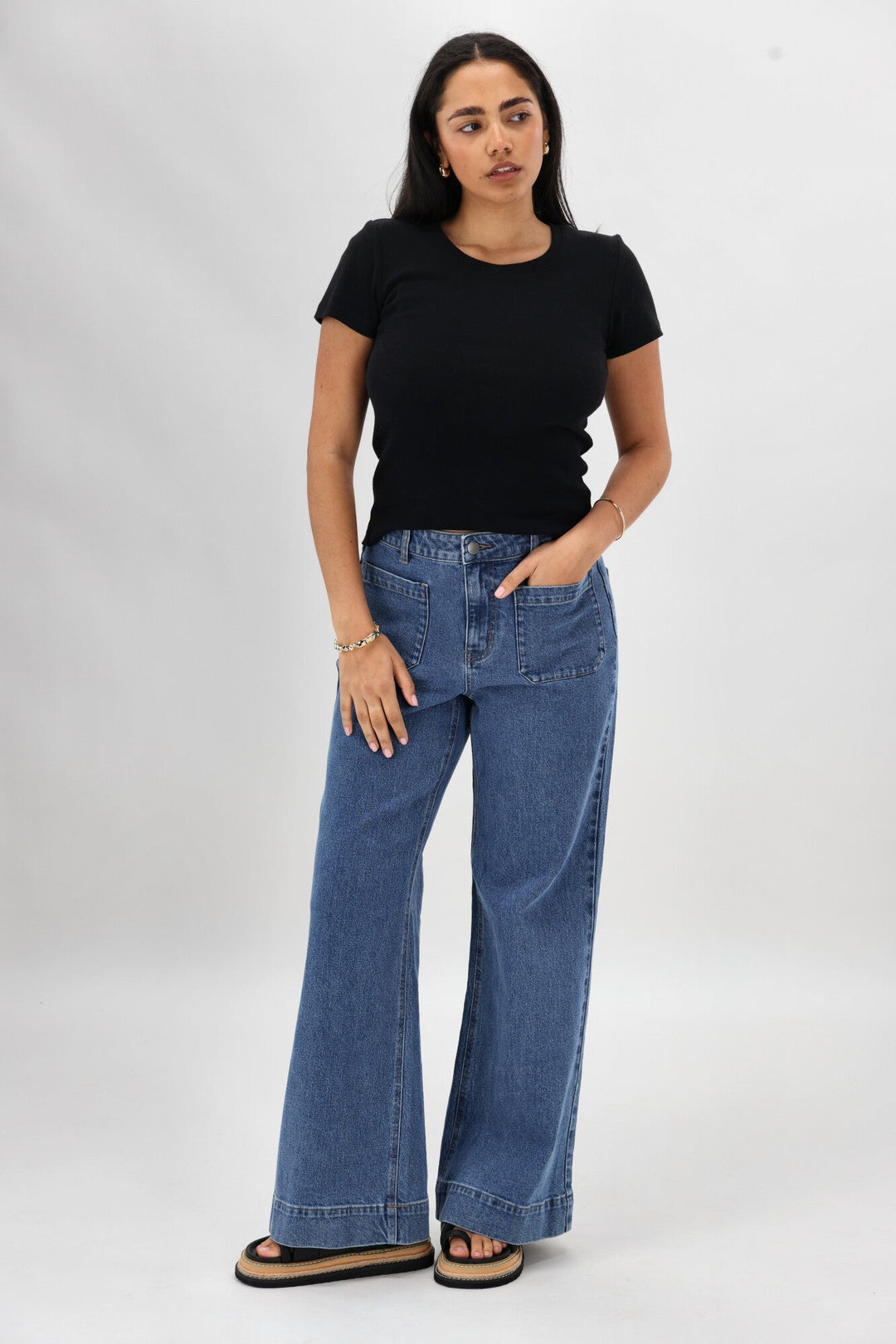 Label Kazniah Patch Pocket Wide Leg Jean Washed Blue