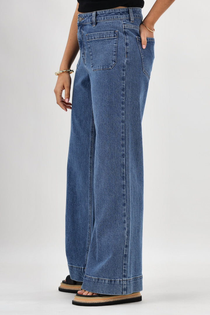 Label Kazniah Patch Pocket Wide Leg Jean Washed Blue
