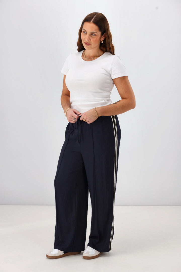 Label Keely Wide Leg Pant with Stripe Tape Midnight