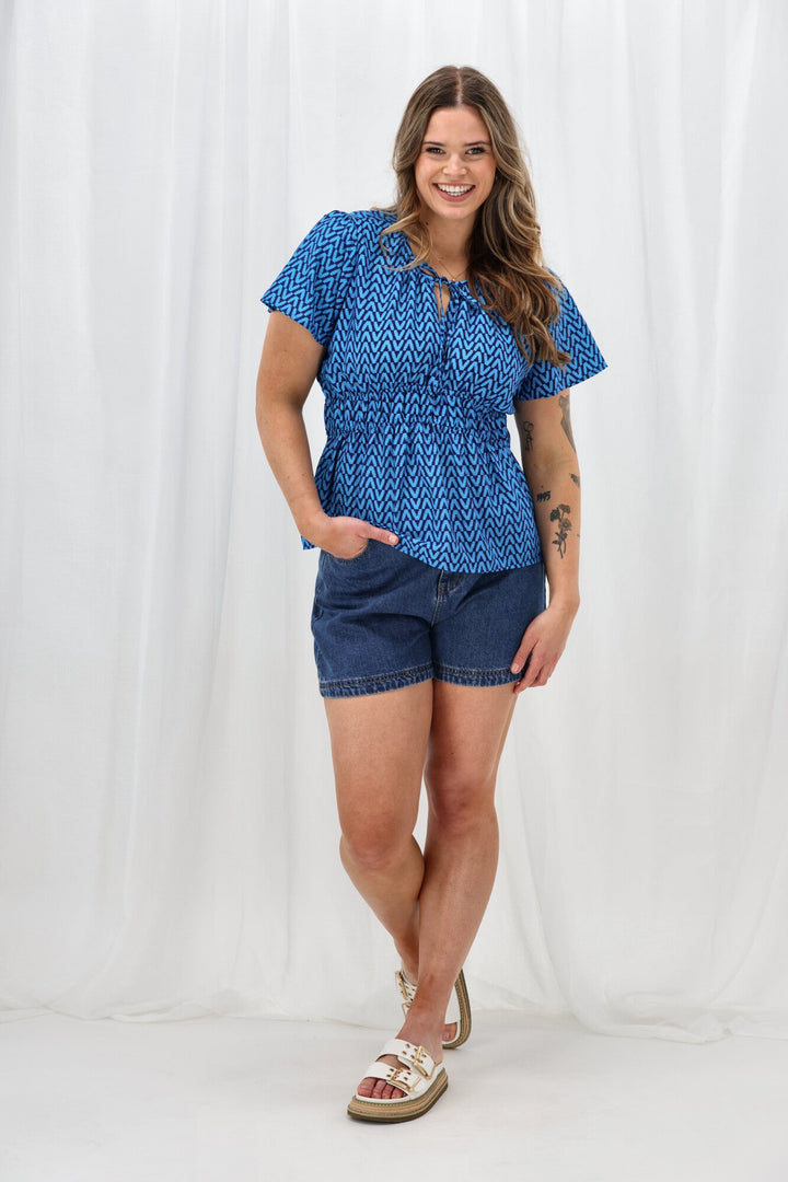 Label Maddison Empire Waist Blouse Blue Geo