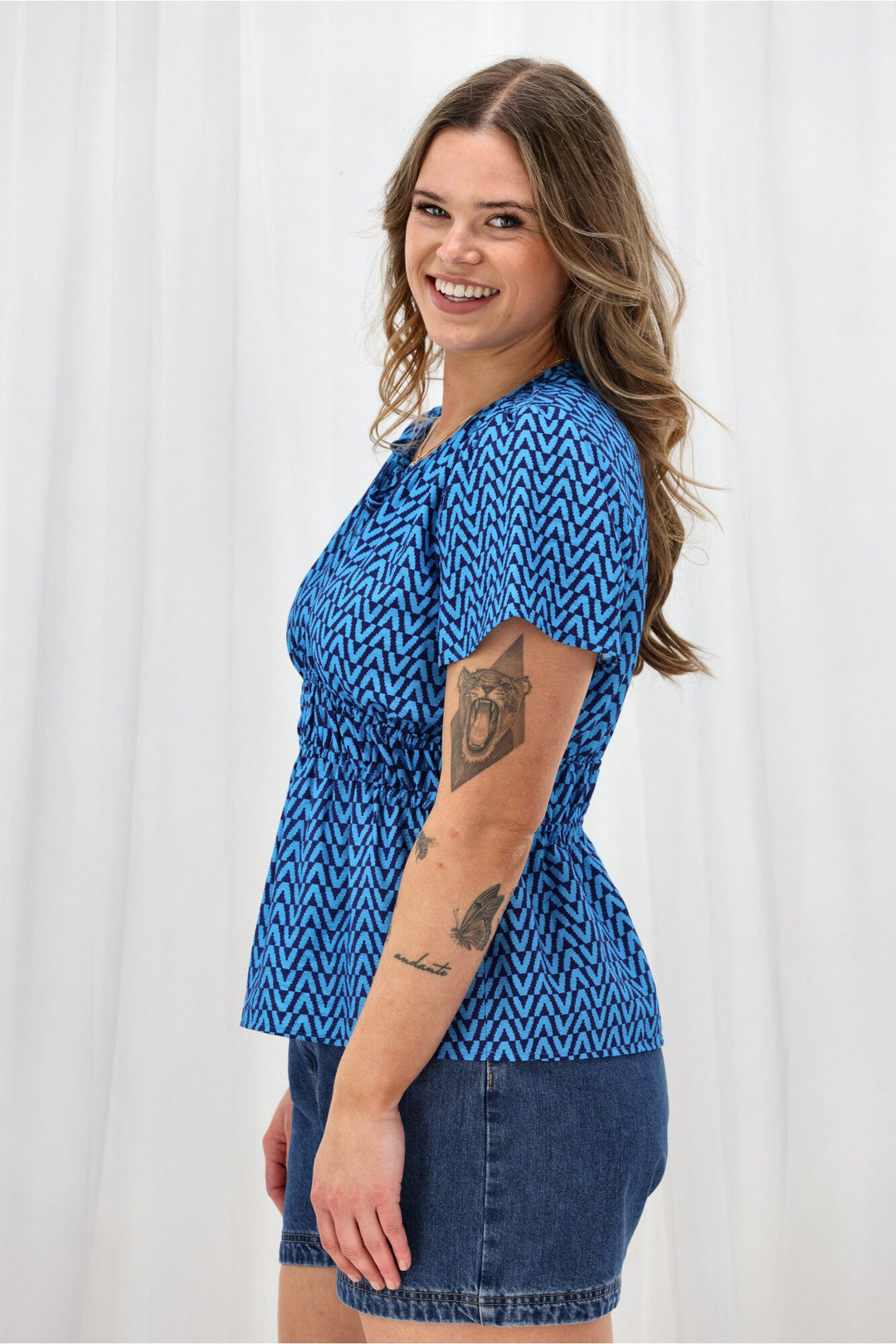 Label Maddison Empire Waist Blouse Blue Geo