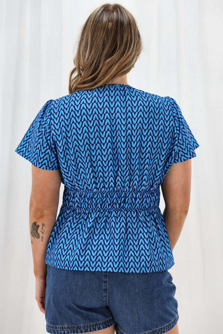 Label Maddison Empire Waist Blouse Blue Geo