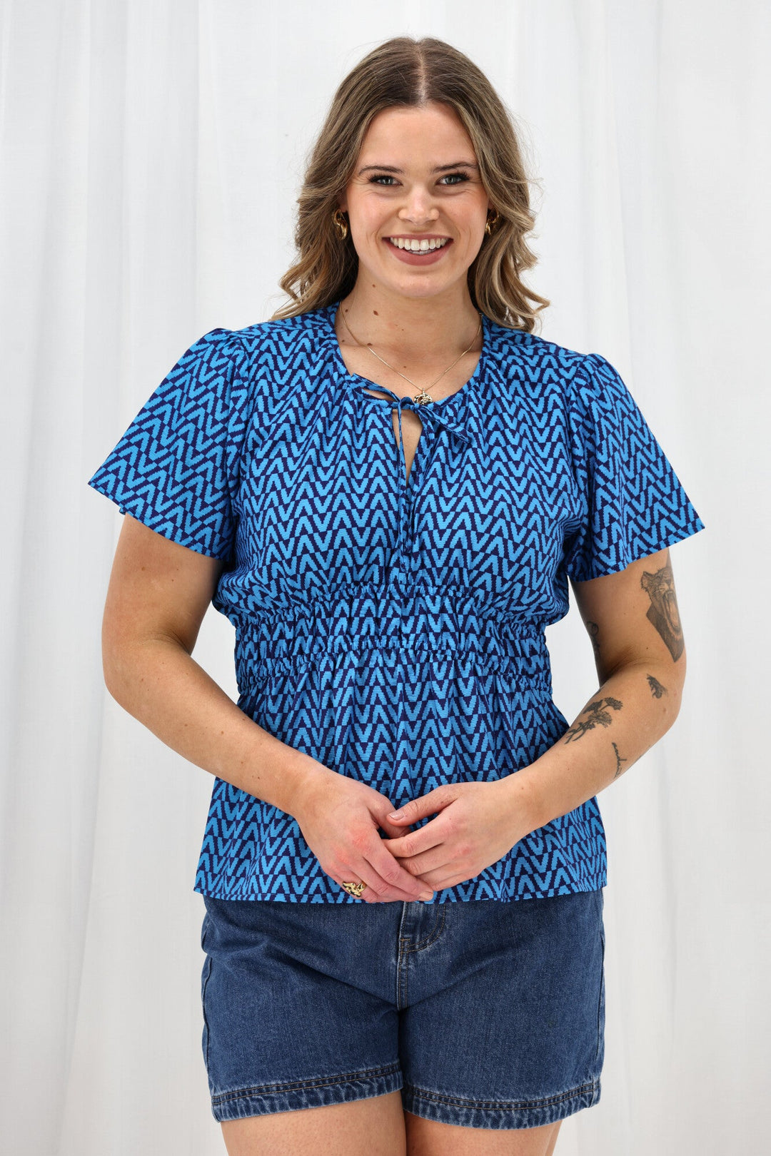 Label Maddison Empire Waist Blouse Blue Geo