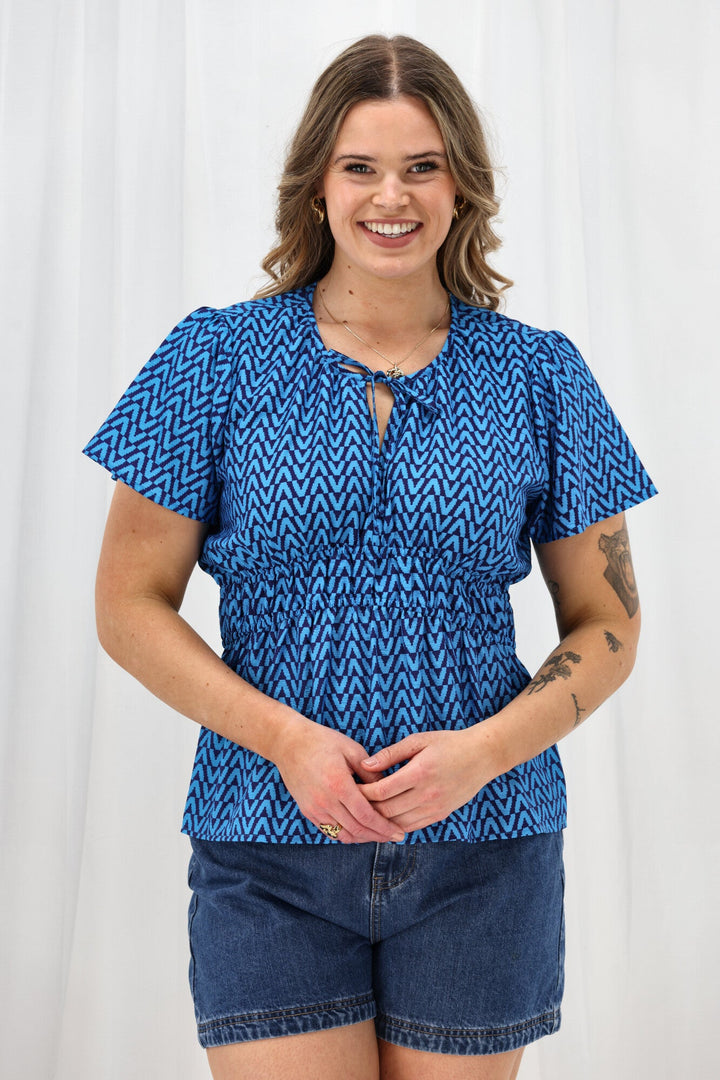 Label Maddison Empire Waist Blouse Blue Geo
