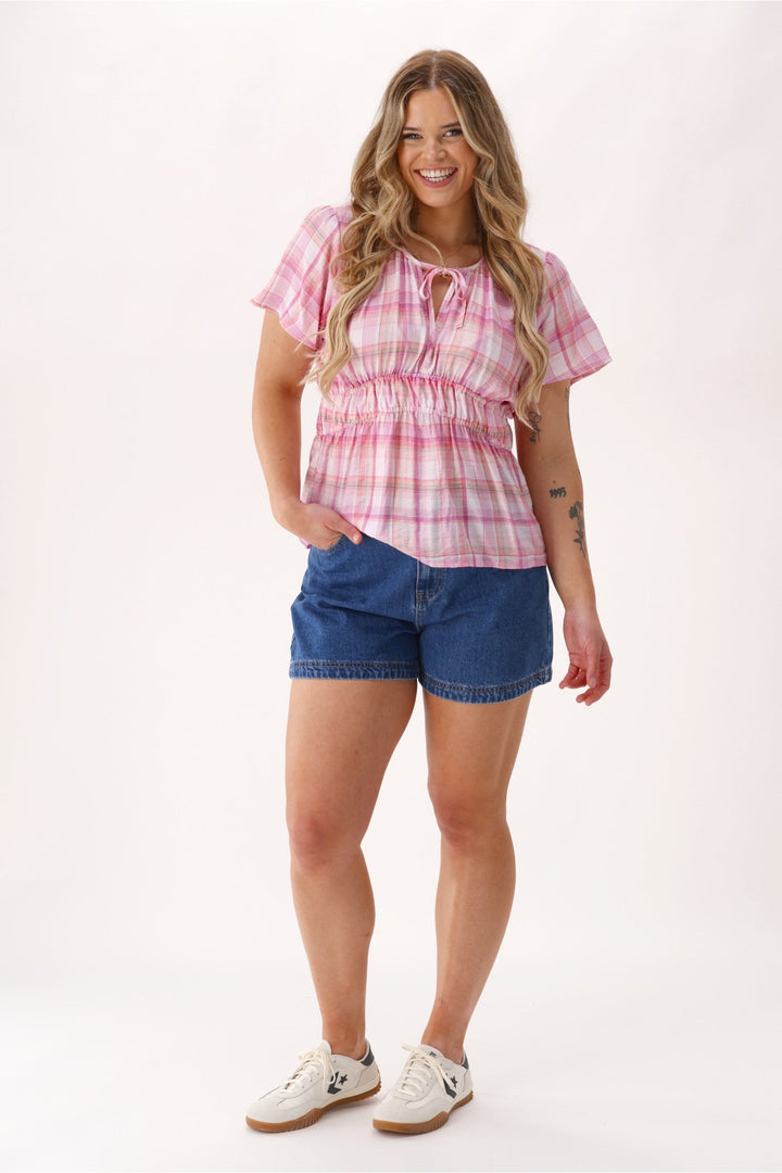 Label Maddison Empire Waist Blouse Pink Check