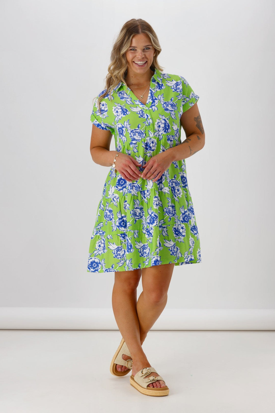 Label Millie Cap Sleeve Dress Lime Floral