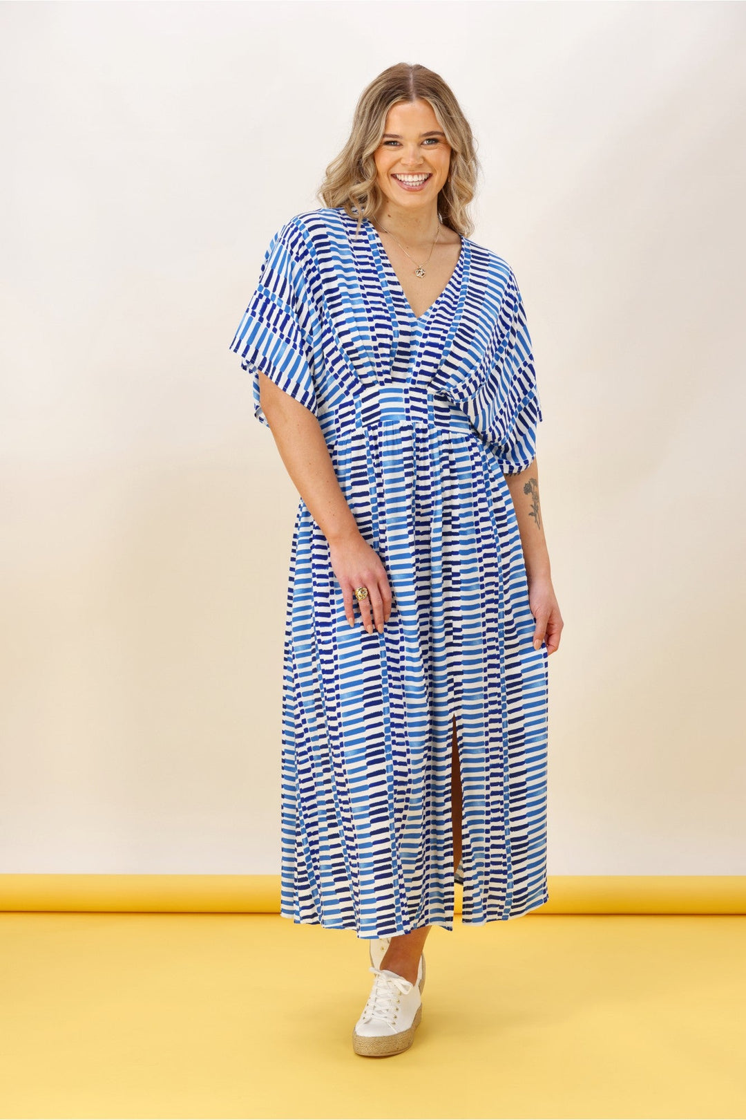 Label Morgan Kimono Dress Blue Line Print