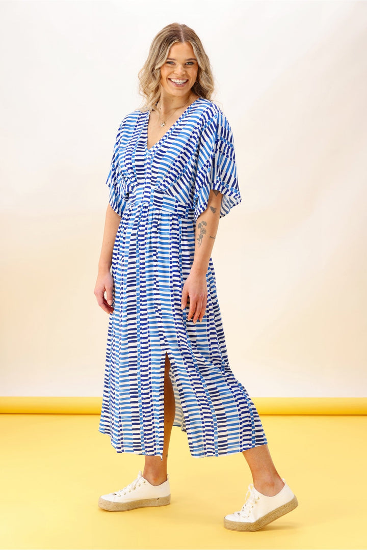 Label Morgan Kimono Dress Blue Line Print