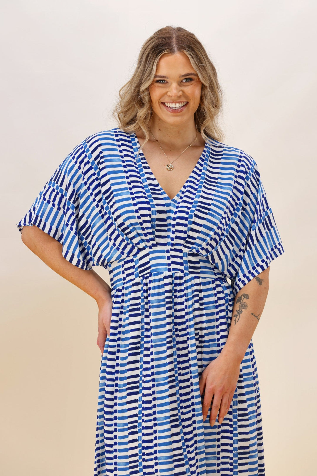 Label Morgan Kimono Dress Blue Line Print