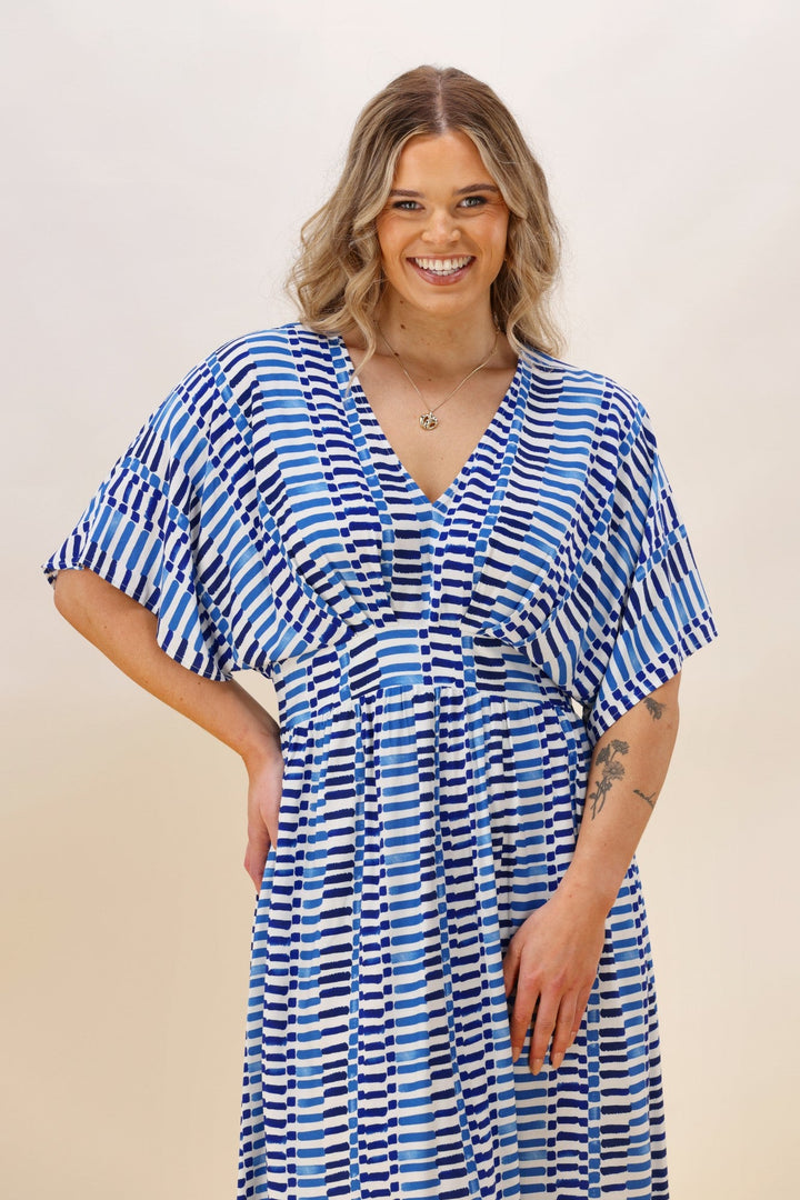 Label Morgan Kimono Dress Blue Line Print