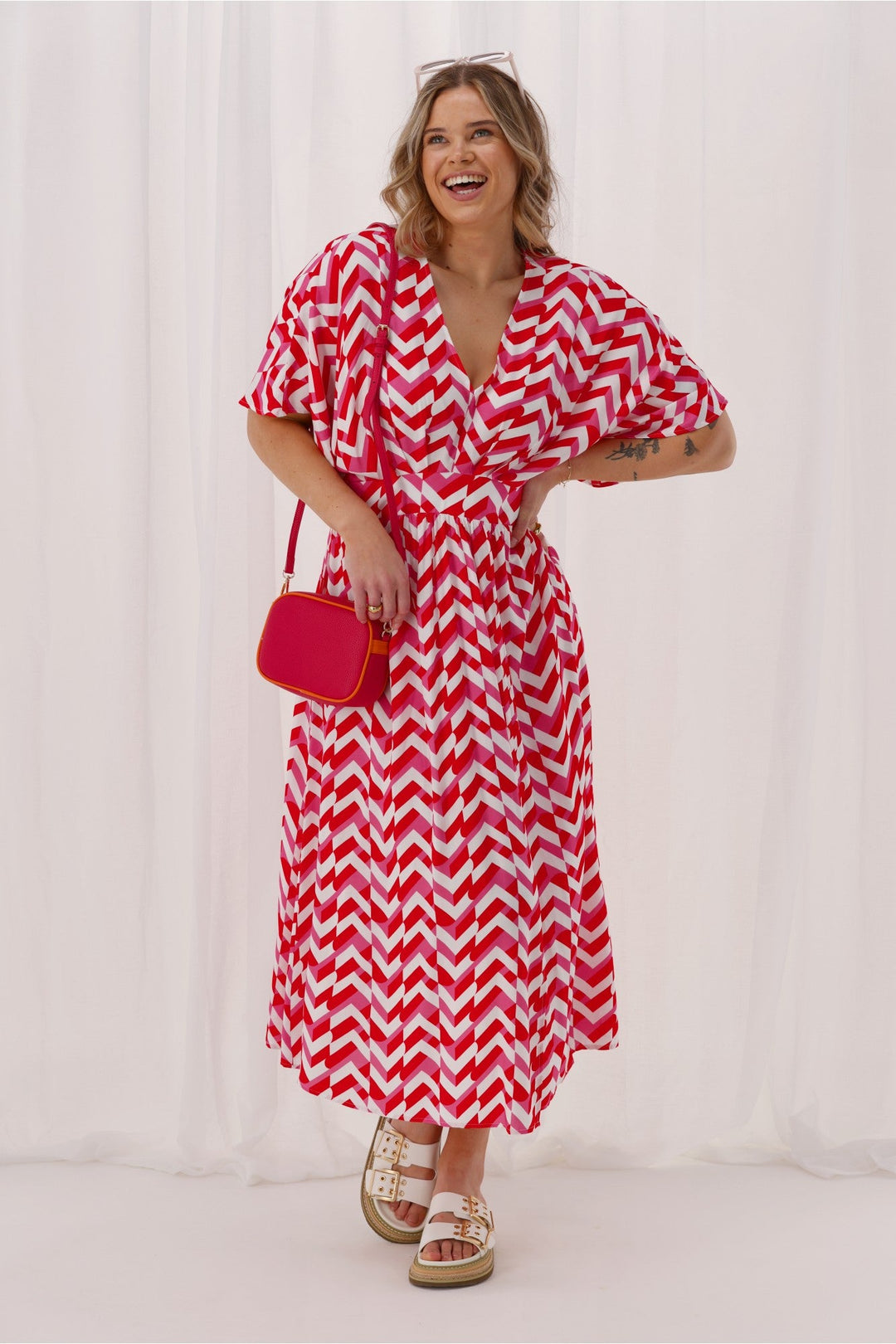 Label Morgan Kimono Dress Red Pink Geo