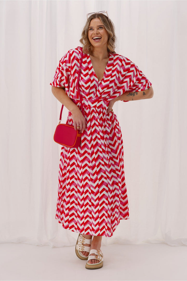 Label Morgan Kimono Dress Red Pink Geo