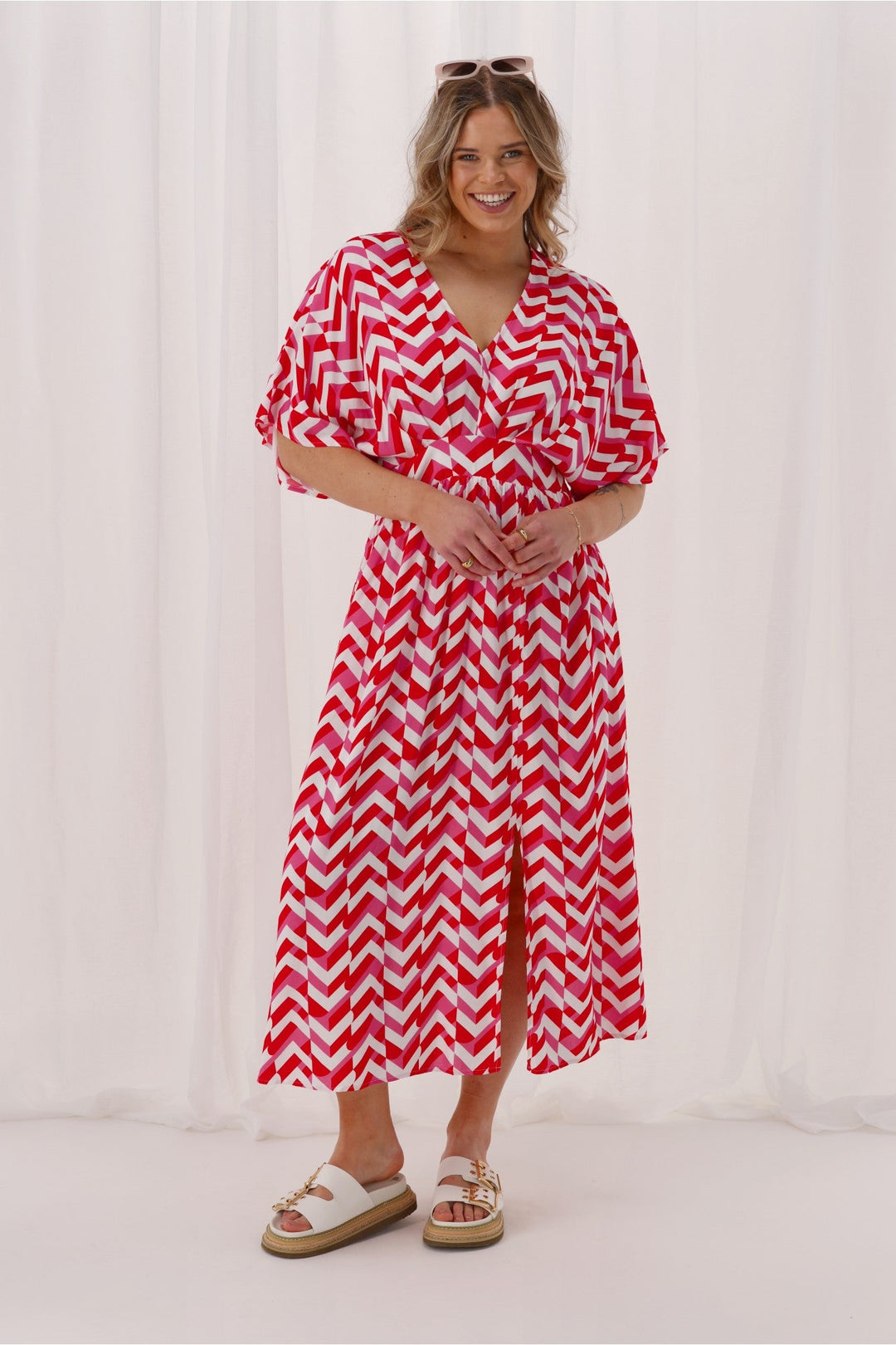 Label Morgan Kimono Dress Red Pink Geo