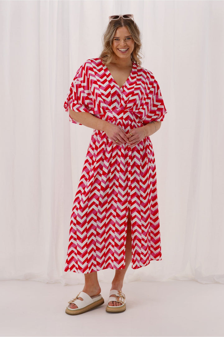 Label Morgan Kimono Dress Red Pink Geo